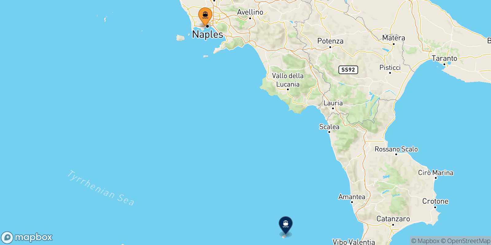 Mapa de la ruta Nápoles Mergellina Stromboli