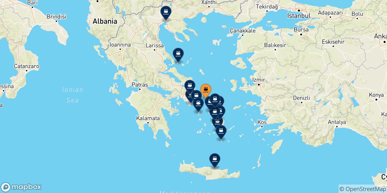 Mapa de las posibles rutas entre Andros y  Grecia