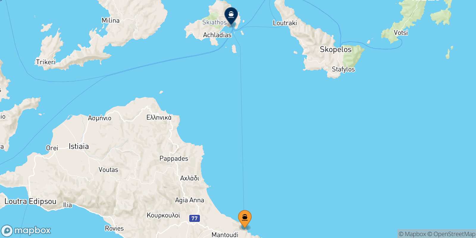 Mapa de la ruta Mantoudi (Evia) Skiathos