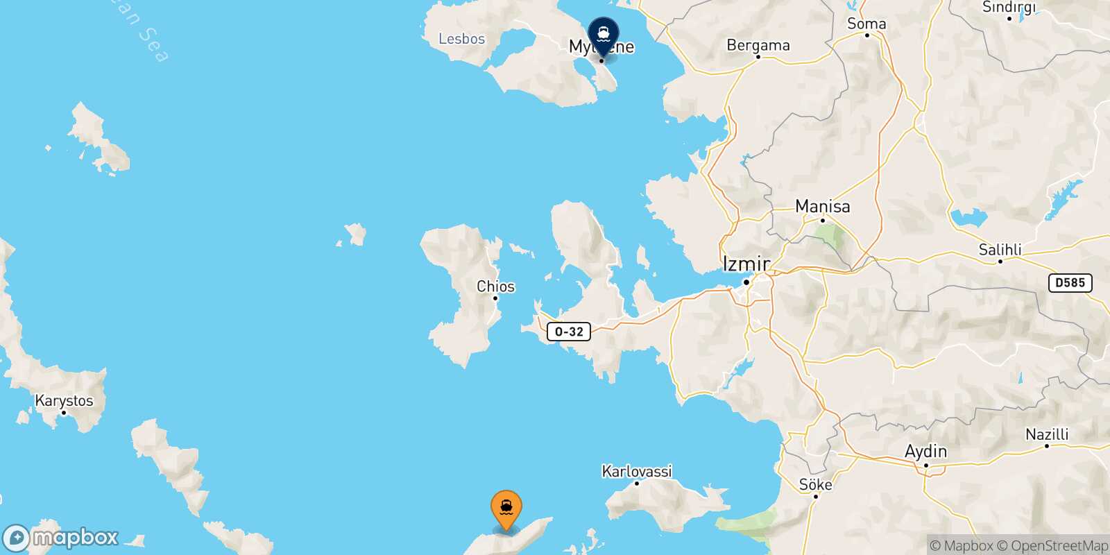 Mapa de la ruta Evdilos (Ikaria) Mytilene (Lesvos)