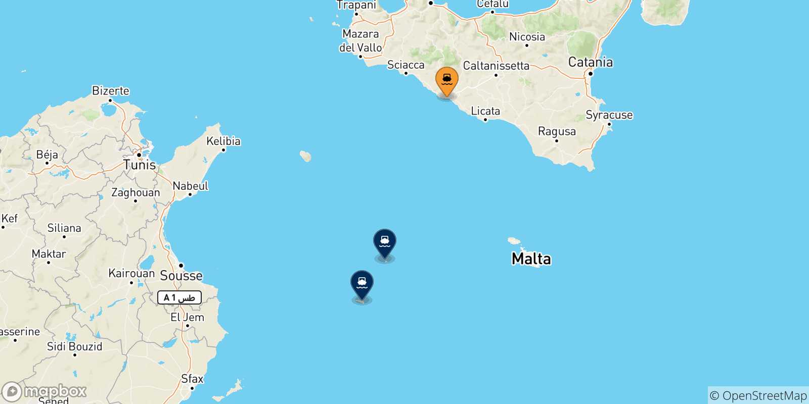 Mapa de las posibles rutas entre Sicilia y  Islas Pelagie