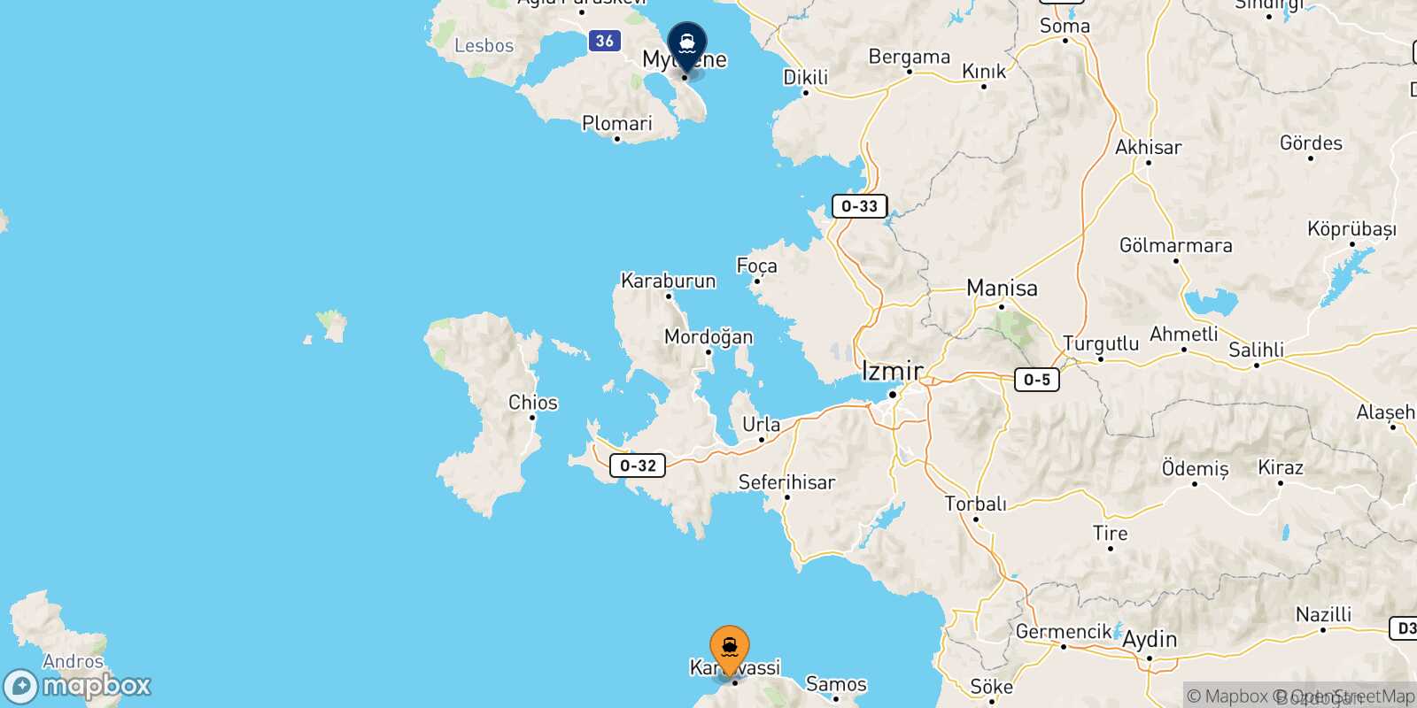 Mapa de la ruta Karlovassi (Samos) Mytilene (Lesvos)