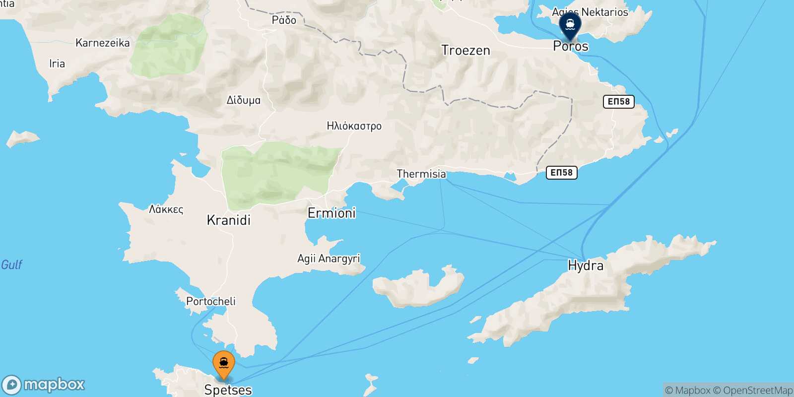 Mapa de la ruta Spetses Poros