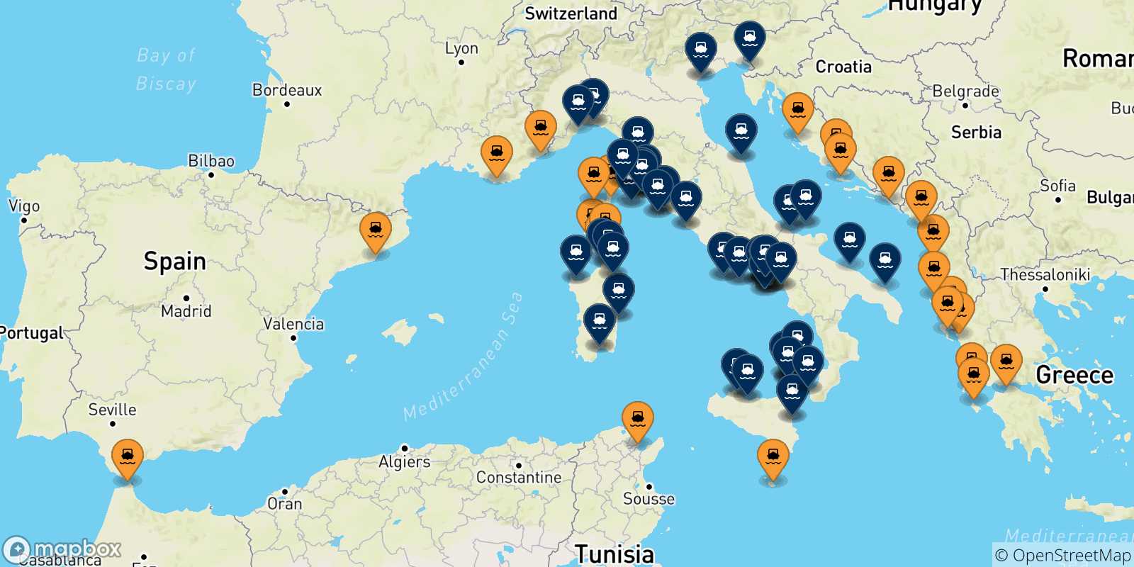 Mapa de los puertos conectados con  Italia