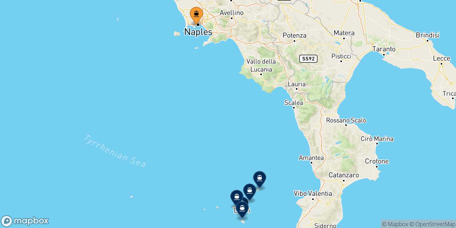 Mapa de los destinos alcanzables de Nápoles Mergellina