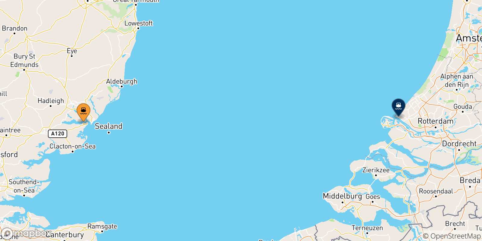 Mapa de las posibles rutas entre Inglaterra y  Hoek Van Holland