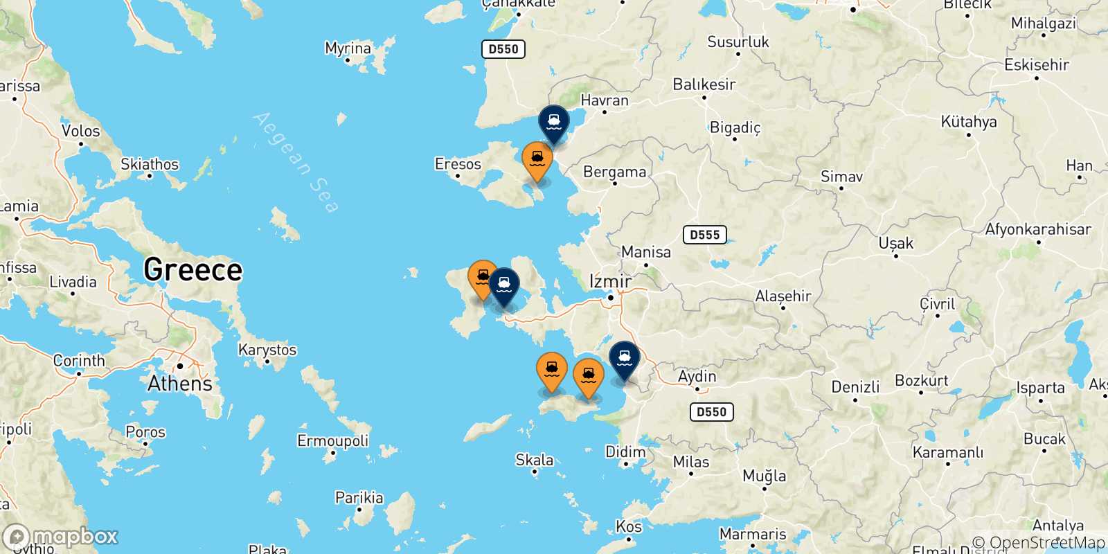 Mapa de las posibles rutas entre Islas Del Egeo y  Turquía