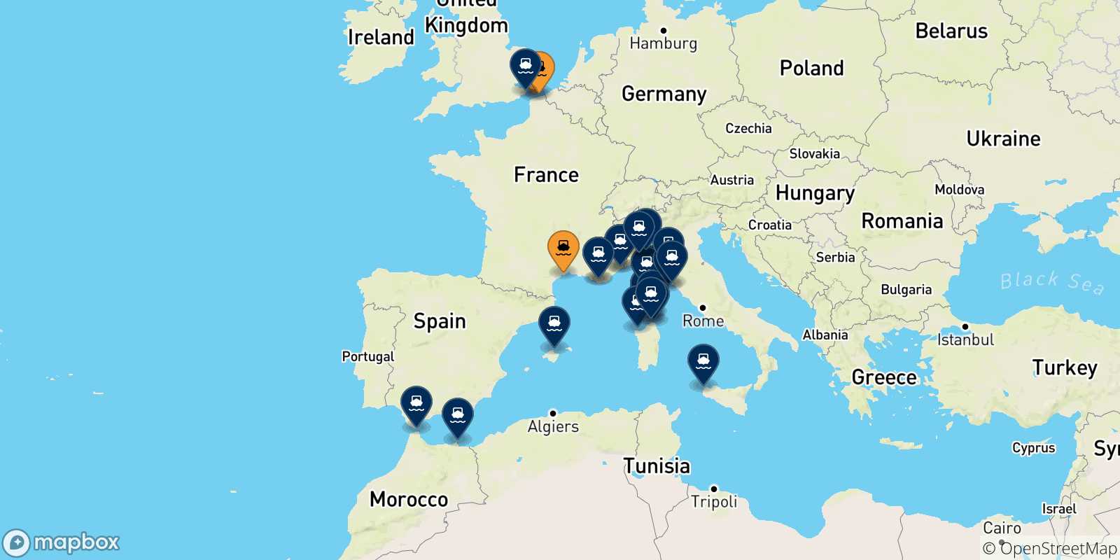 Mapa de los destinos alcanzables de Francia