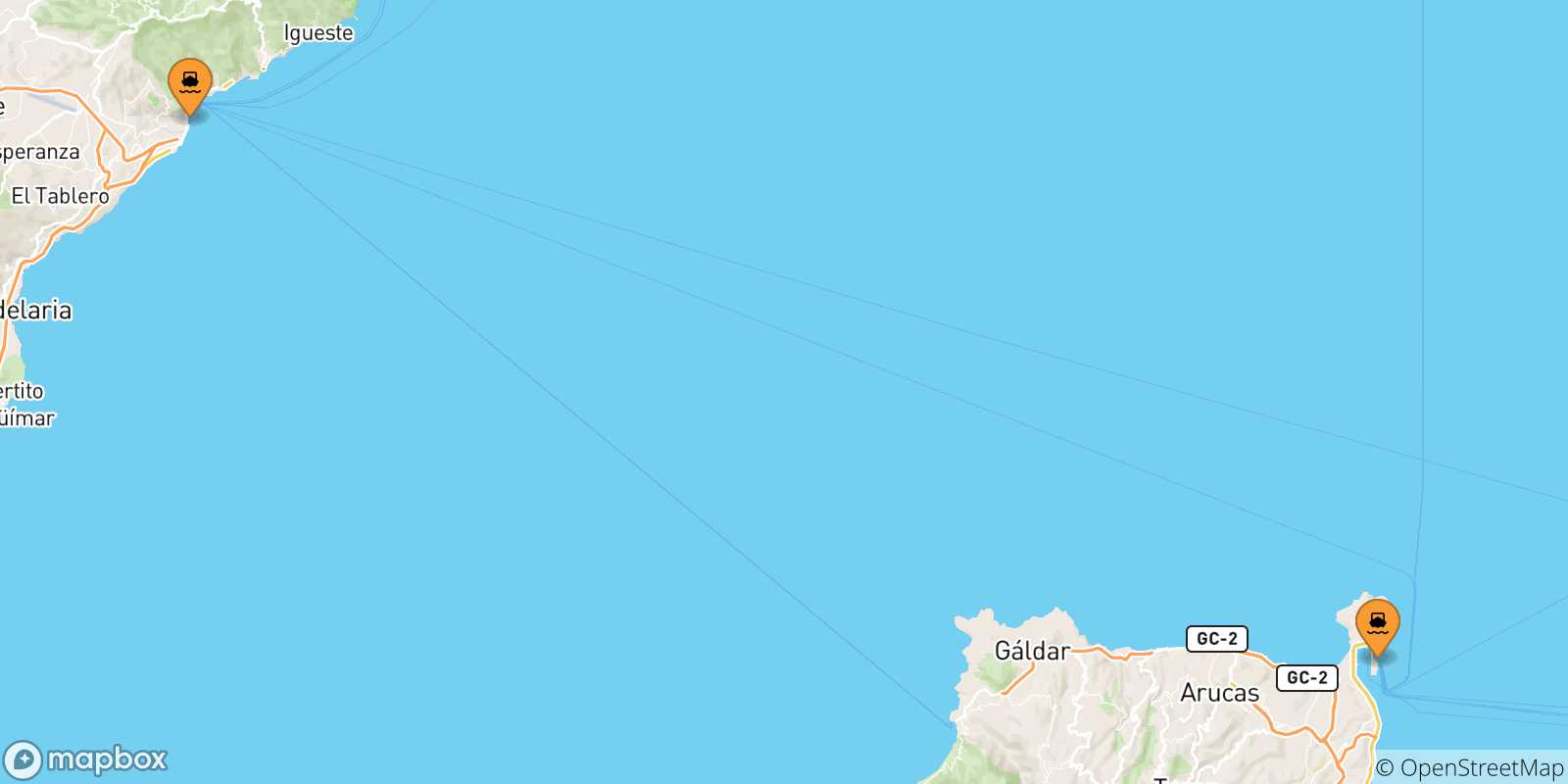 Mapa de las posibles rutas entre Islas Canarias y  Morro Jable (Fuerteventura)
