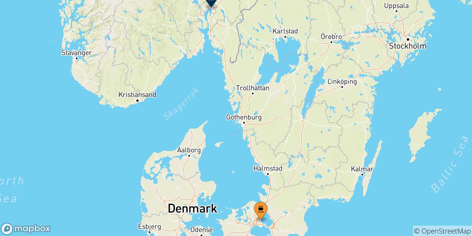 Mapa de las posibles rutas entre Dinamarca y  Oslo