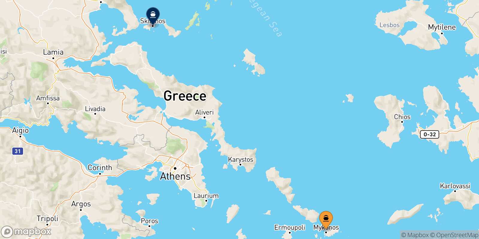 Mapa de la ruta Mykonos Skiathos