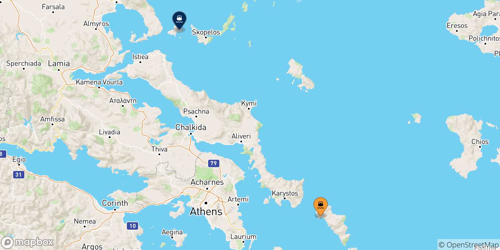 Mapa de las posibles rutas entre Andros y  Islas Espóradas