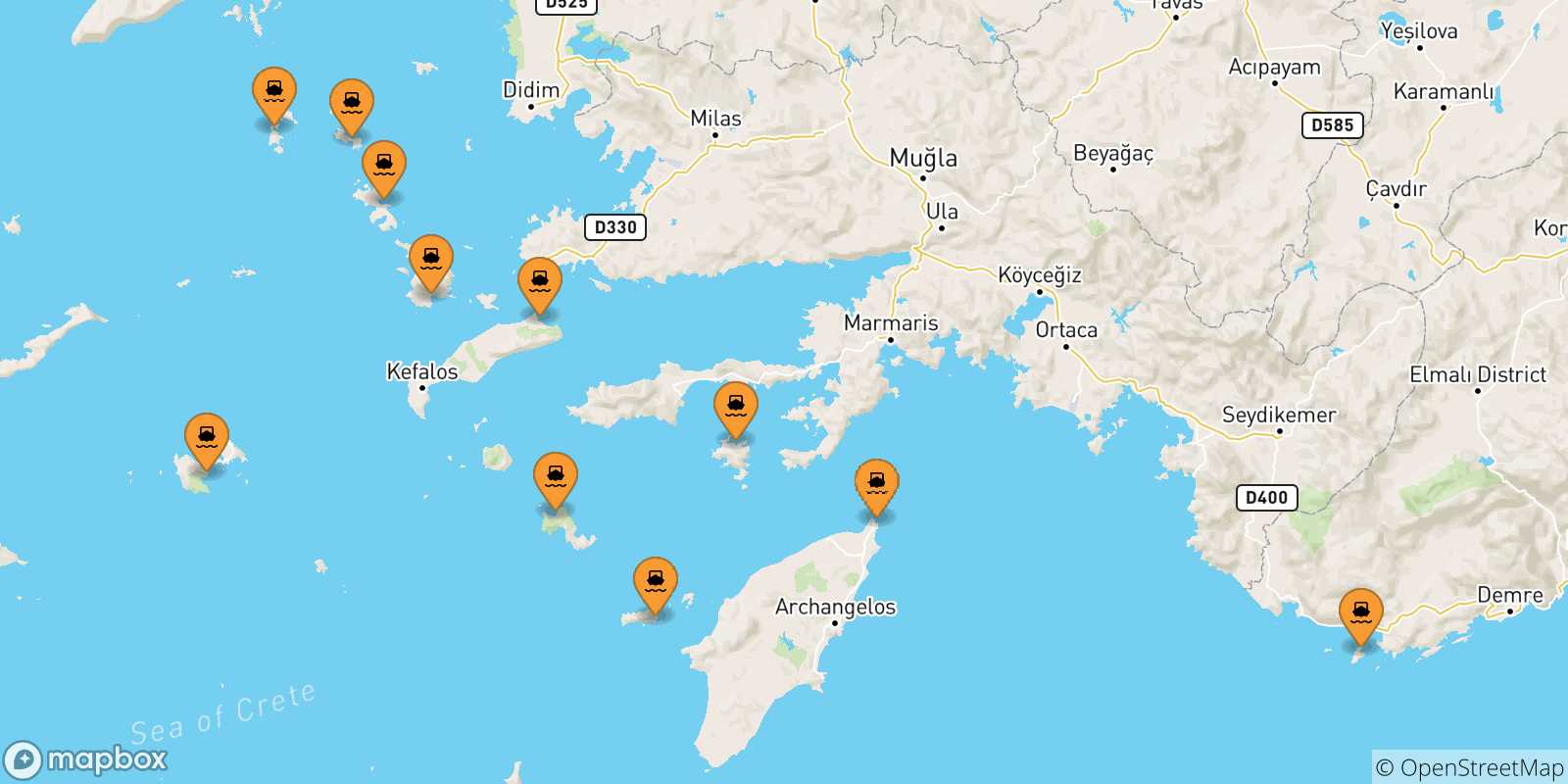 Mapa de las posibles rutas entre Dodecaneso y  Nisyros
