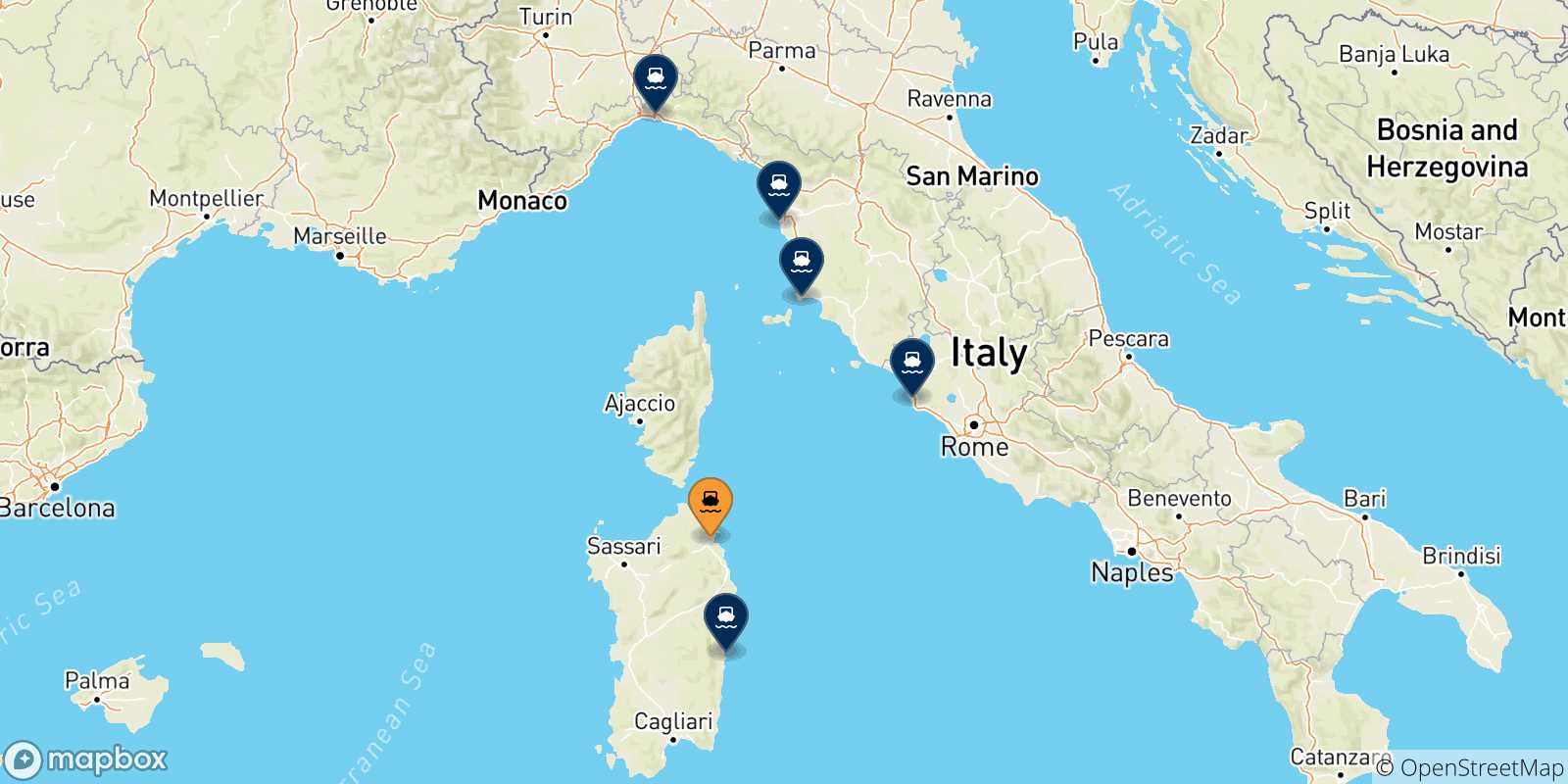 Mapa de las posibles rutas entre Olbia y  Italia
