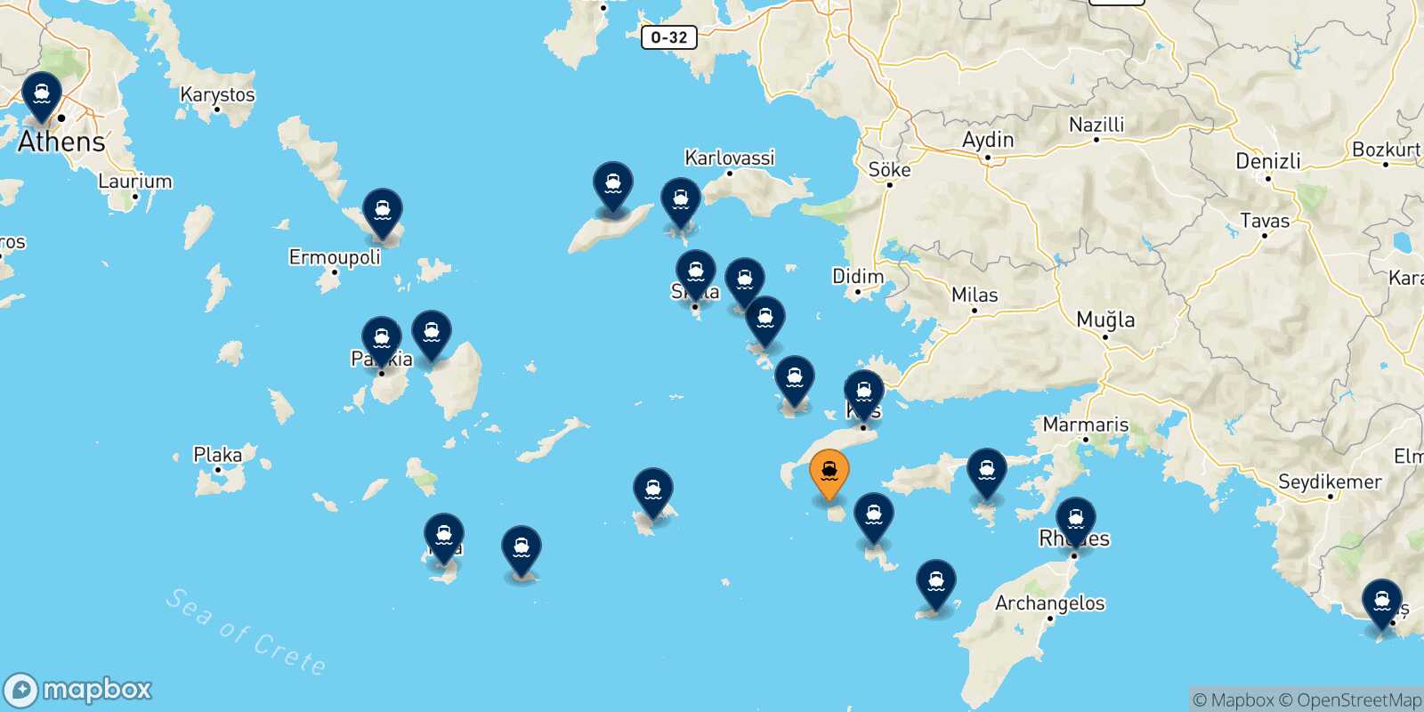 Mapa de los destinos alcanzables de Nisyros