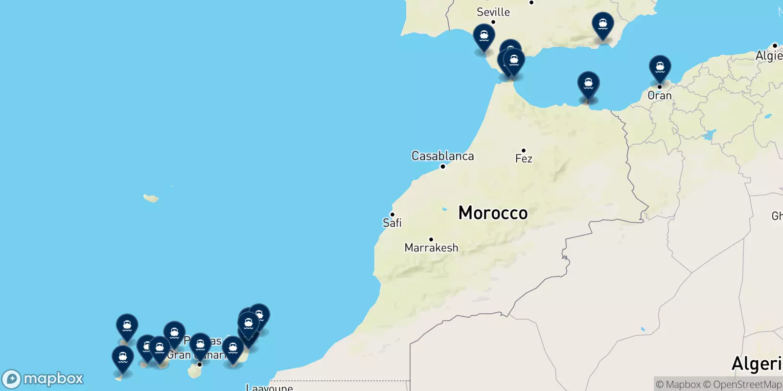 Mapa de los destinos Naviera Armas